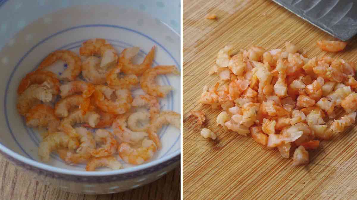 soaking and cutting dried shrimp.