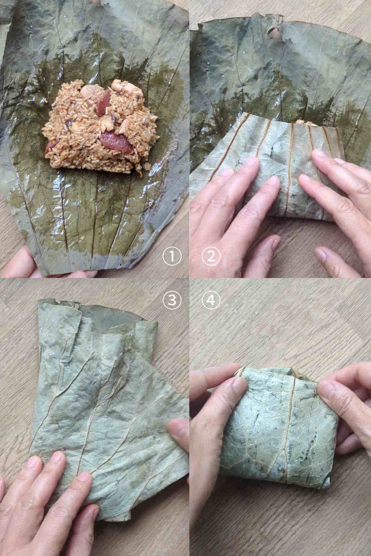 wrapping Lo Mai Gai in four steps.