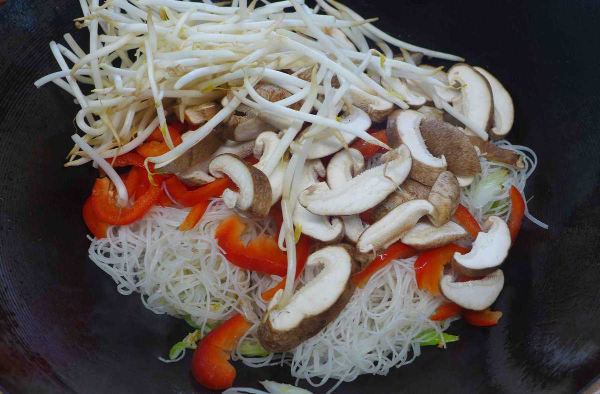 bean sprouts, mushrooms and bell pepper over rice noodles.