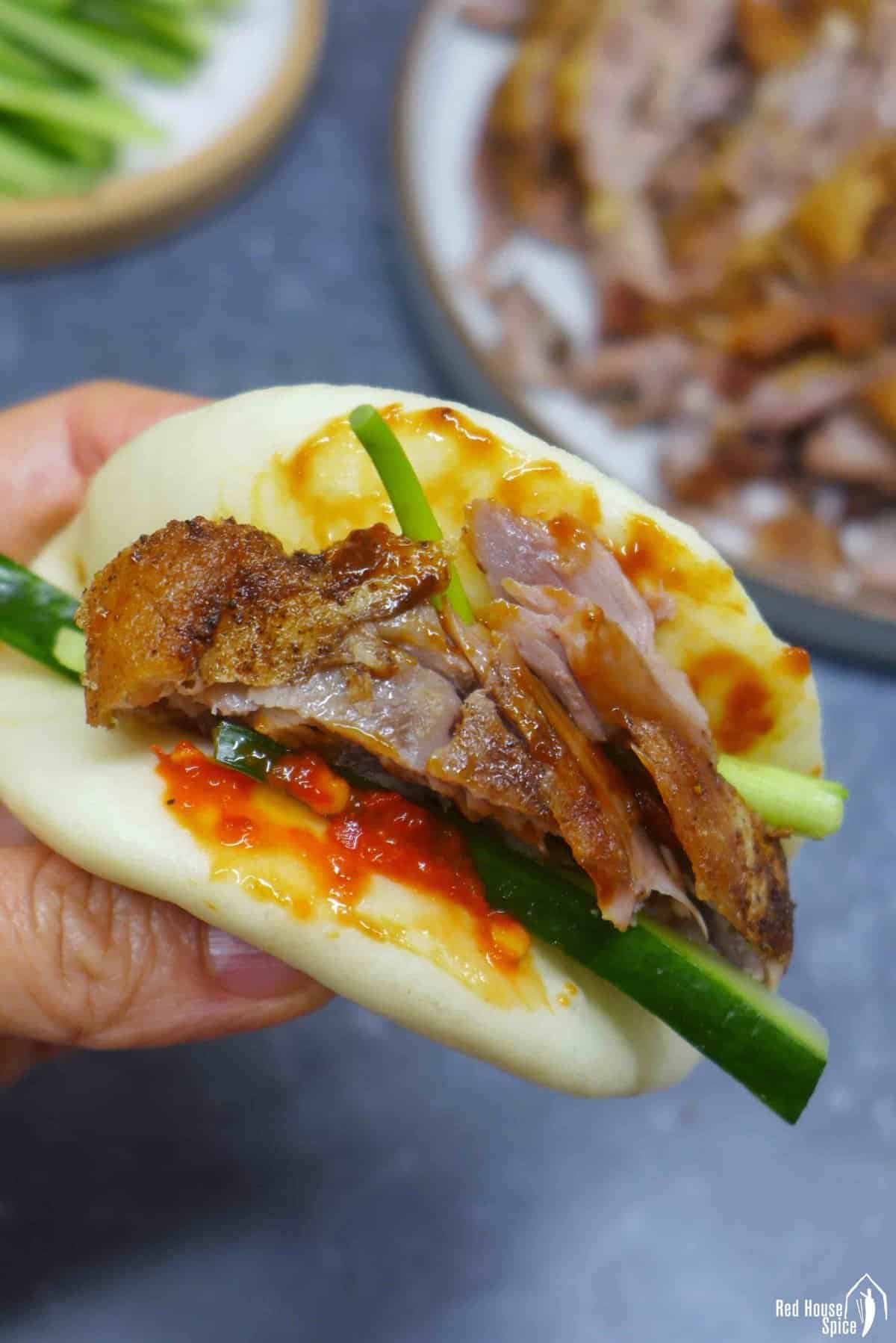 Aromatic crispy duck wrapped with a steamed bao bun.