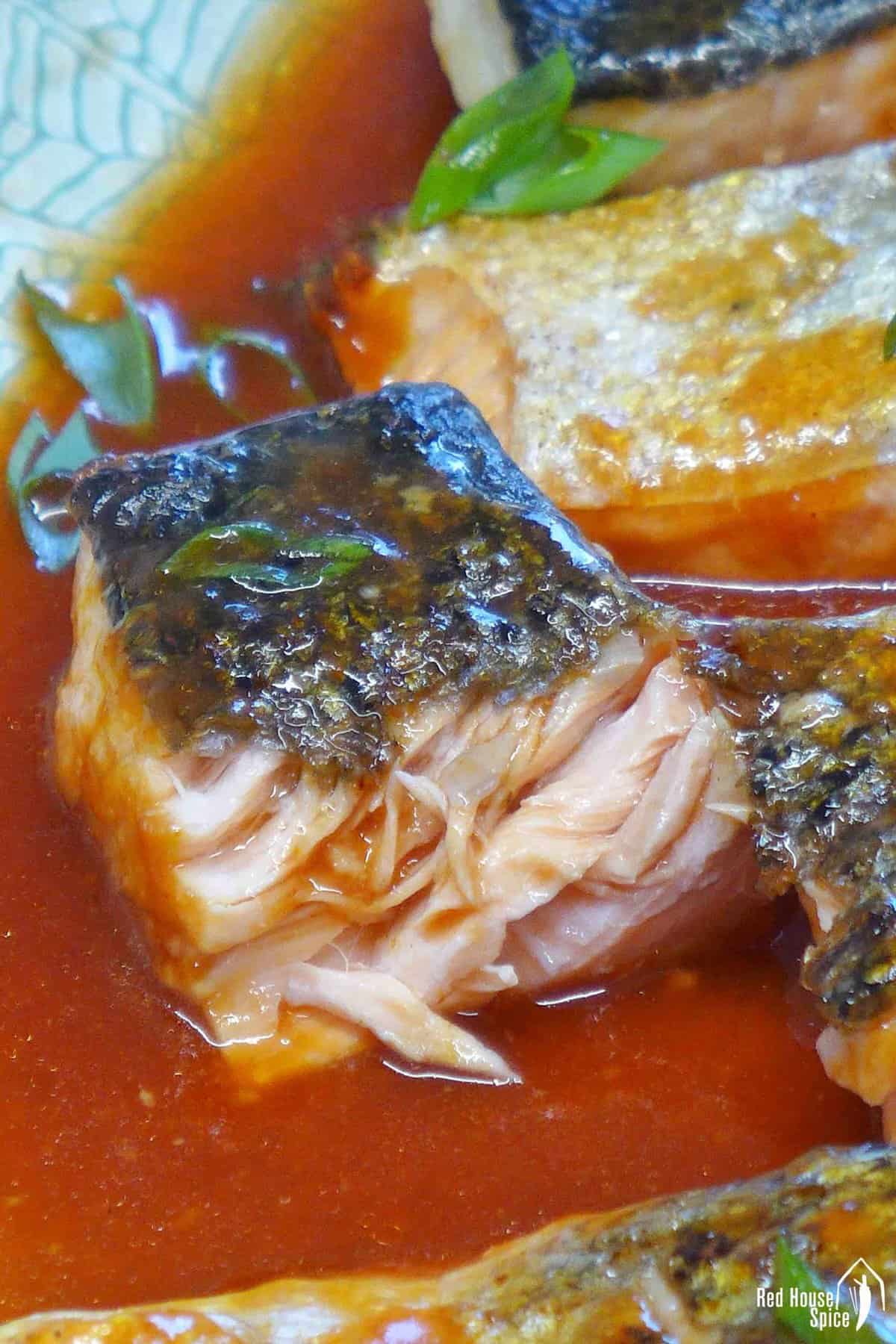 a torn open salmon filet with sauce underneath.