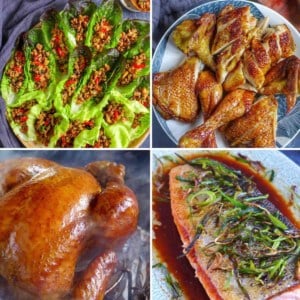 A collage of four dishes: five-spice chicken, lettuce wraps, smoked chicken, and scallion salmon.