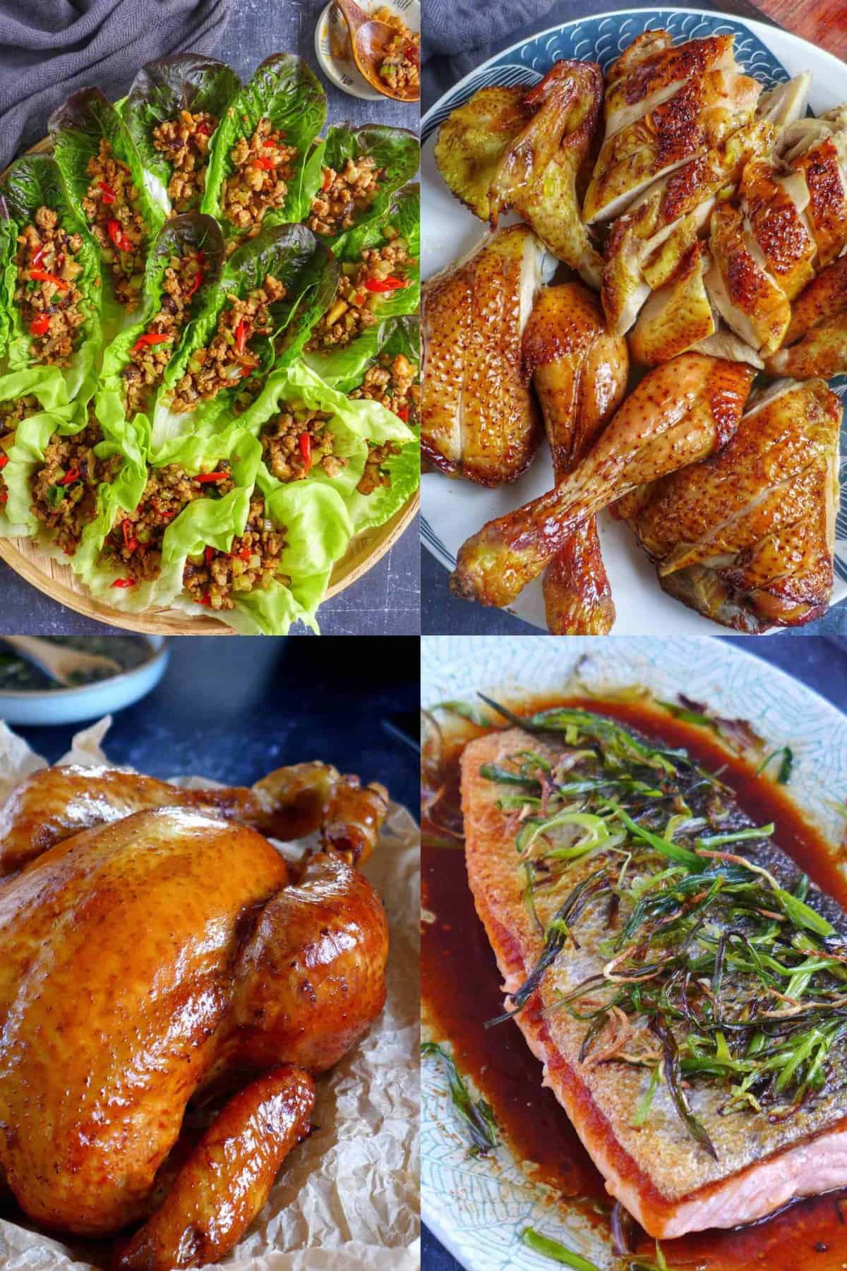 a collage of four dishes: five-spice chicken, lettuce wraps, smoked chicken, and scallion salmon.