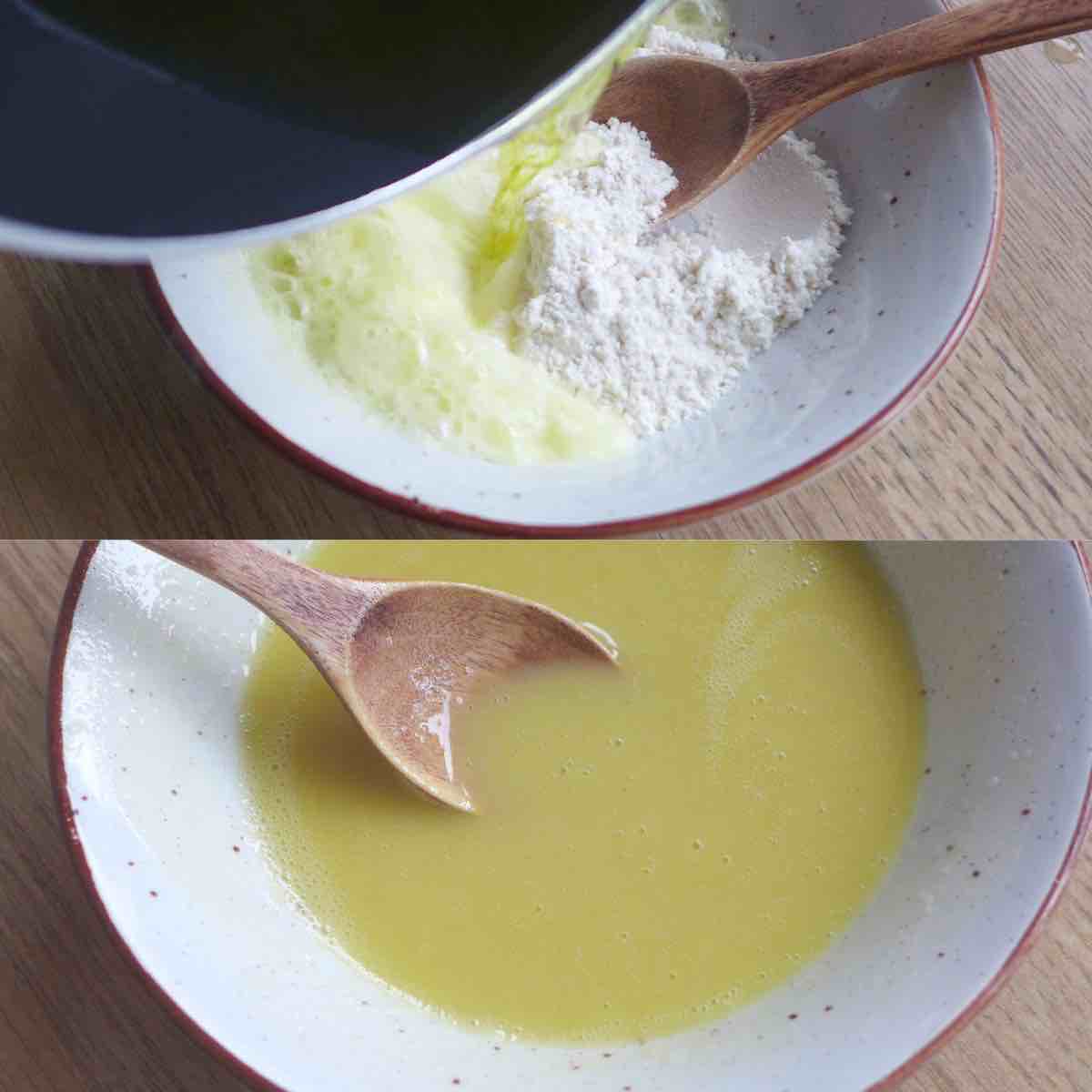 mixing hot oil with flour.