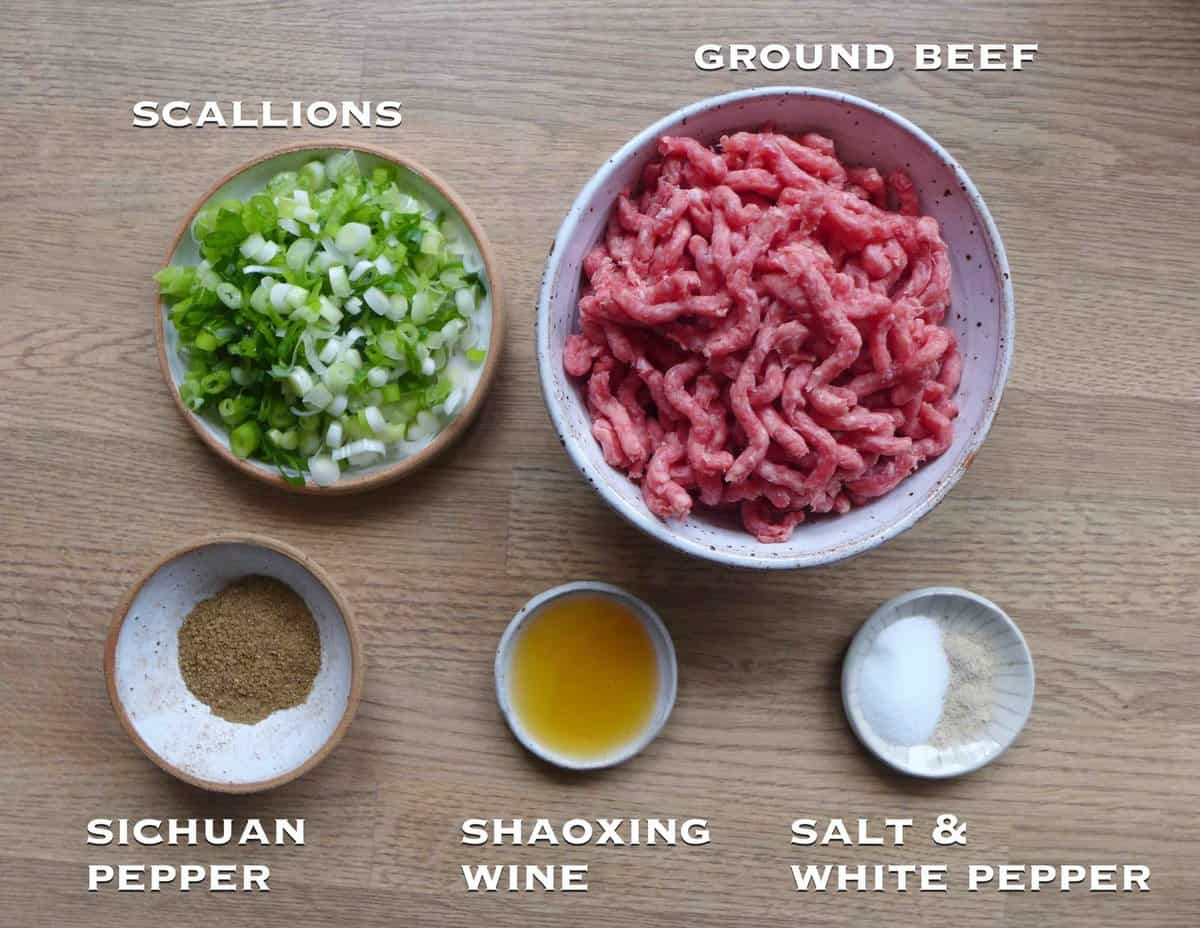 Ground beef, scallions and seasonings.
