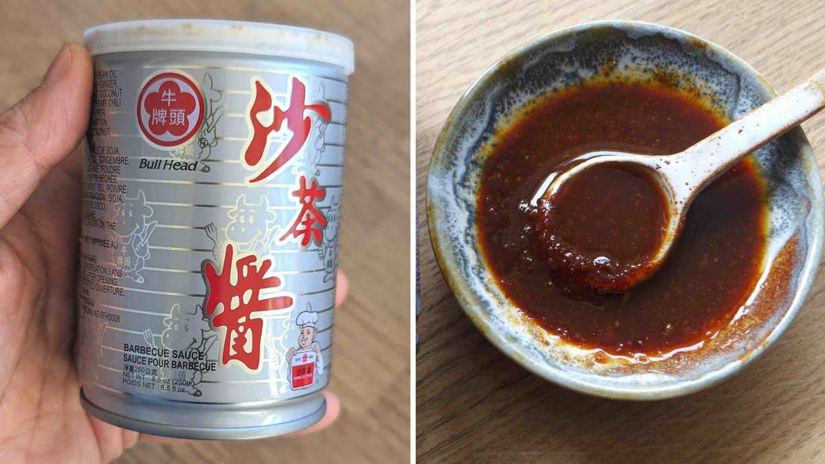 Sha Cha sauce in a can and in a saucer.