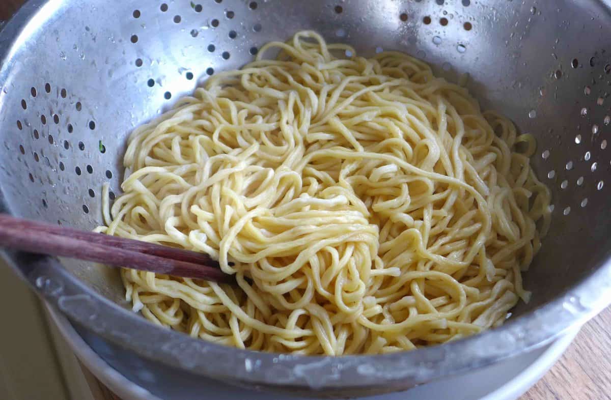 drained noodles in a colander.
