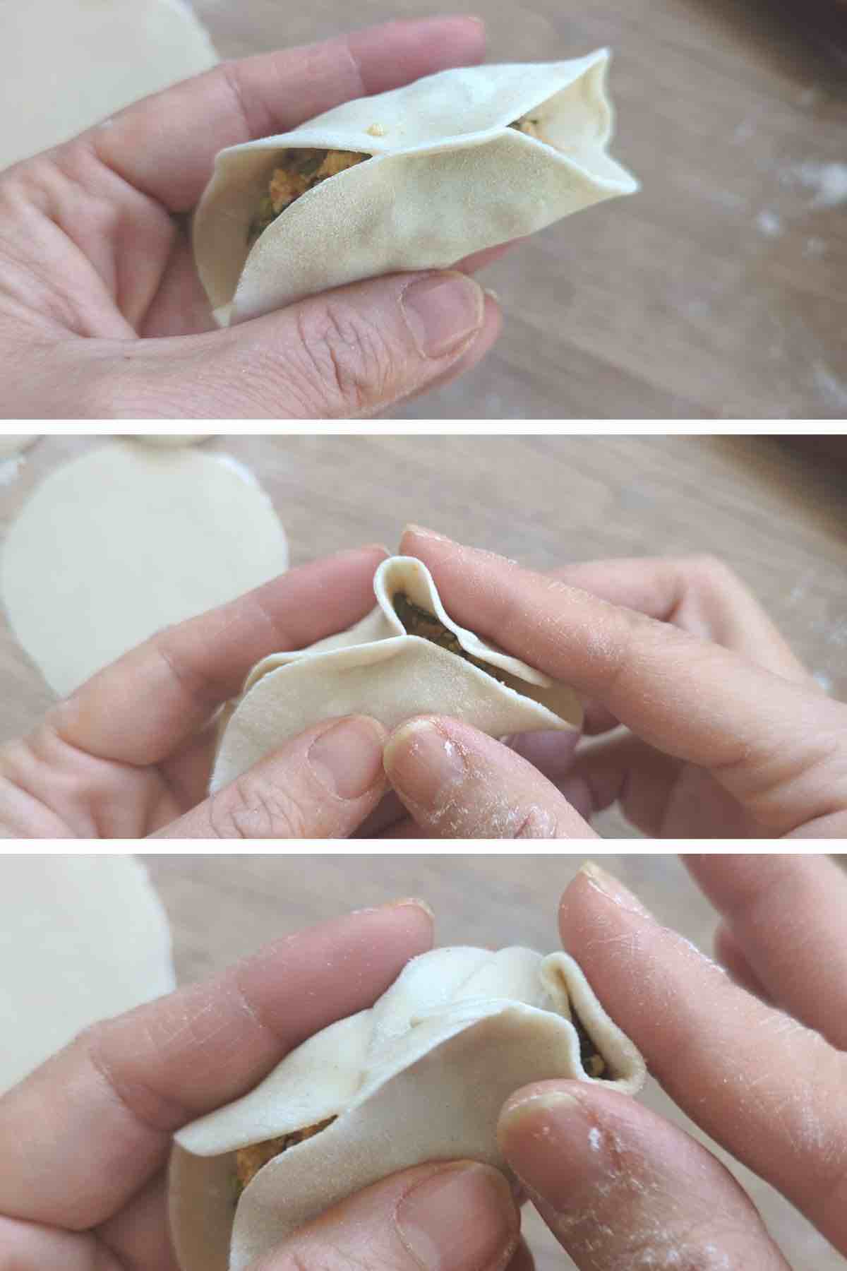 A collage of three images showing how to pleat a dumpling.