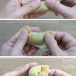 collage of three photos showing how to fold a wonton.