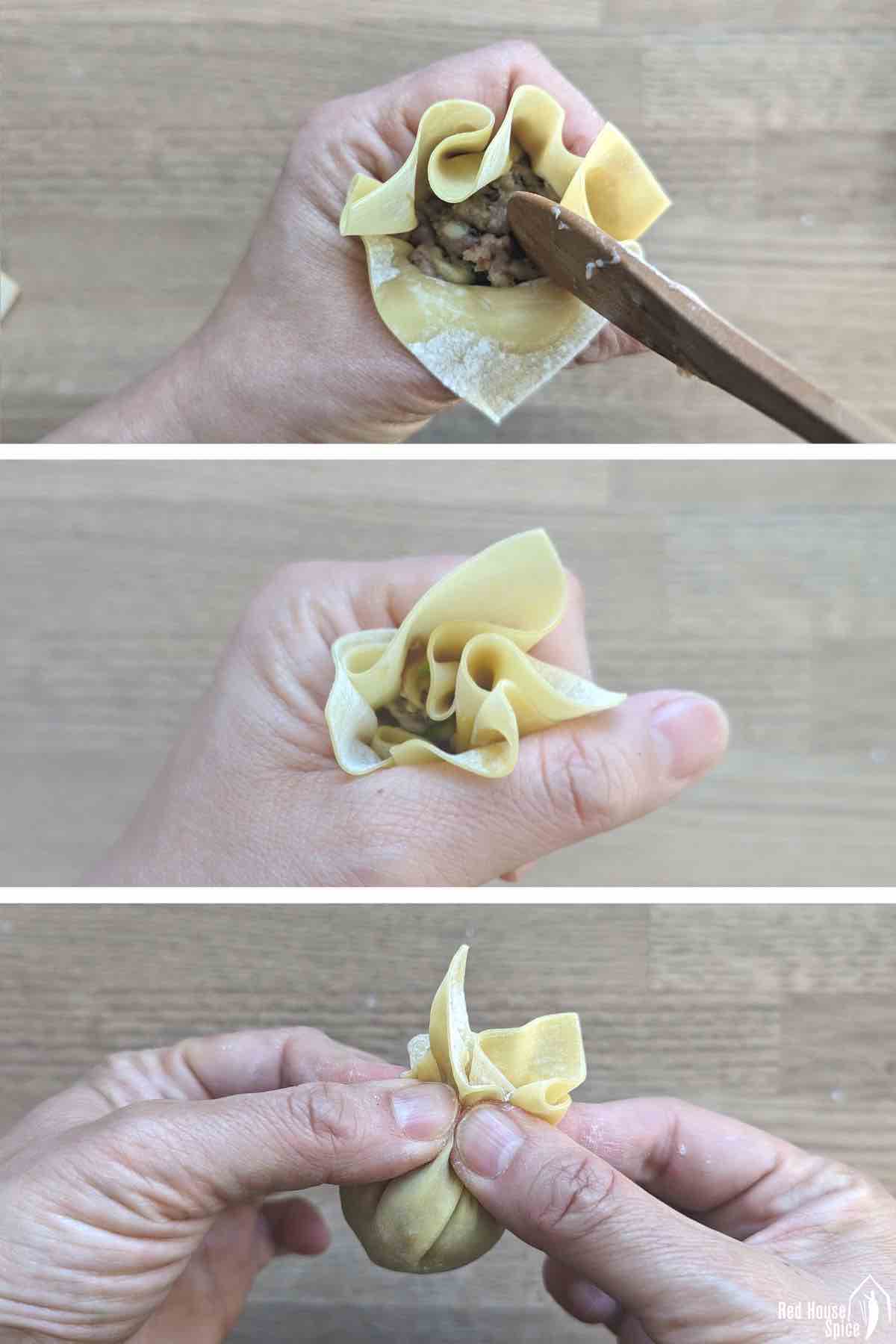 collage of three photos showing how to fold a wonton.