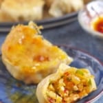 an open dumpling showing its filling with overlay text that says kimchi tofu dumplings.