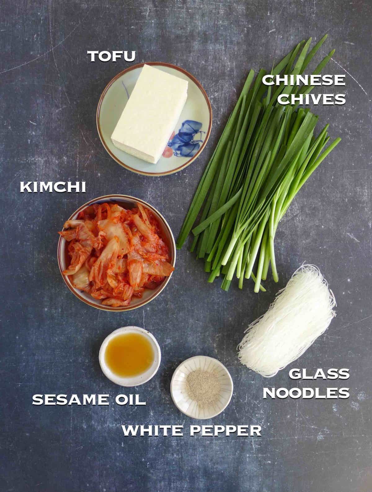 ingredients for making kimchi dumplings.