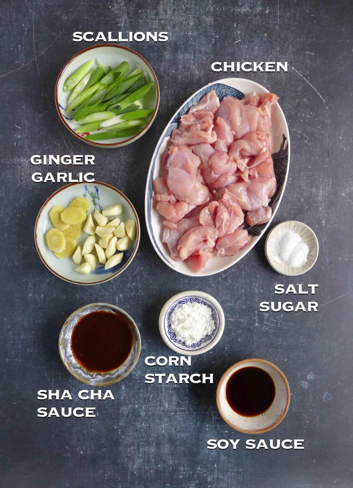 ingredients for making Sha Cha chicken.