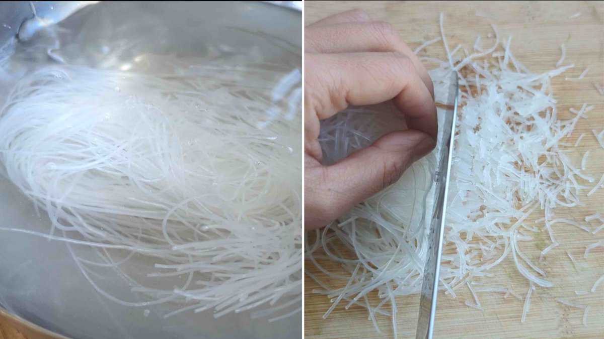 soaking and cutting glass noodles.