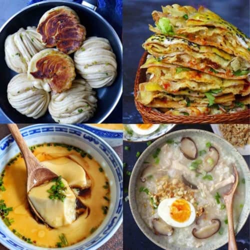 a collage of four breakfast dishes.