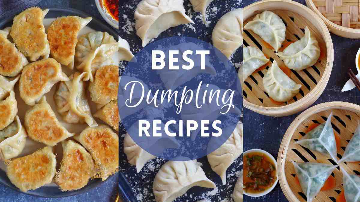 A collage of three dumpling dishes with overlay text that says best dumpling recipes.