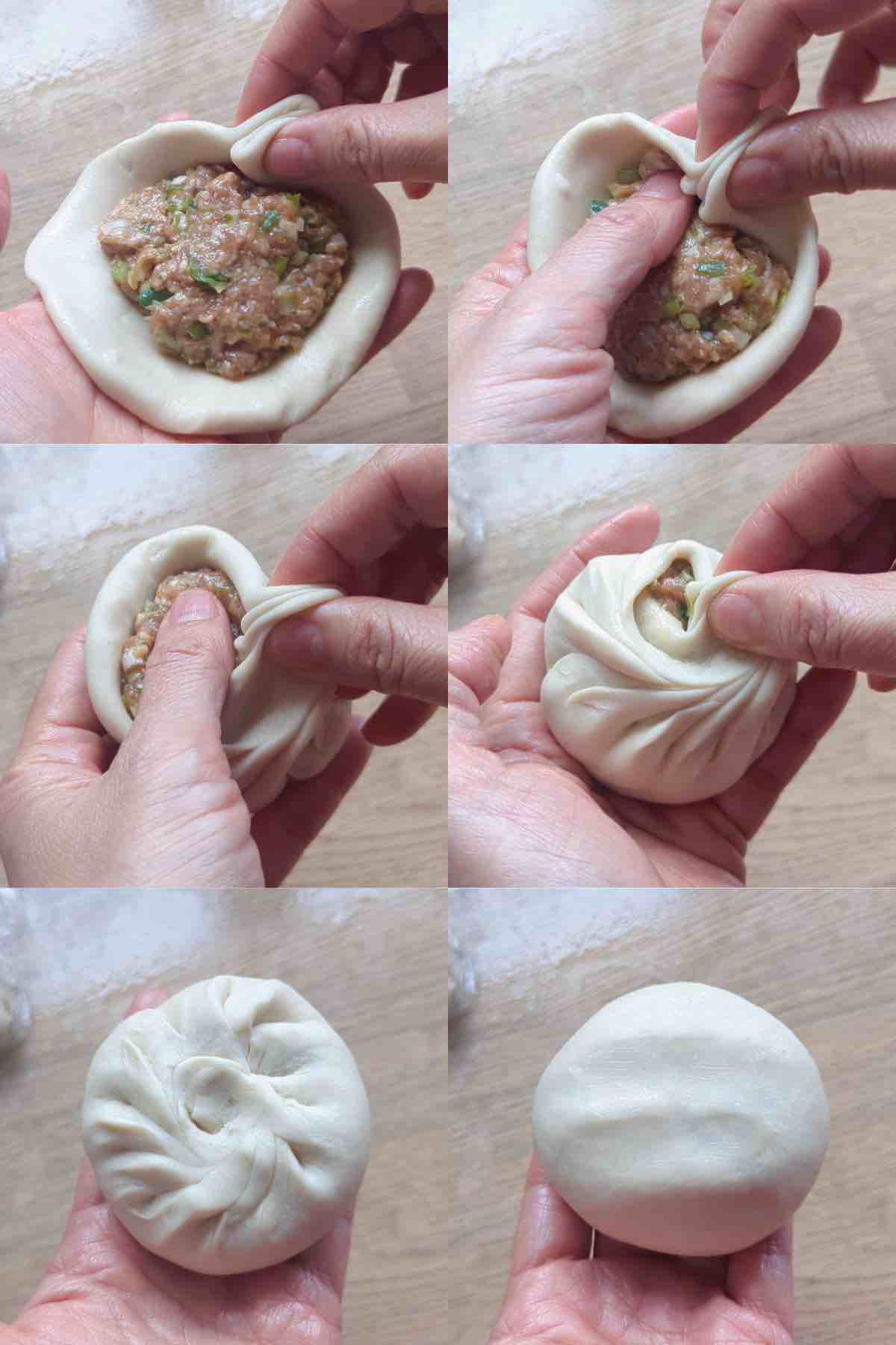 a collage of photos showing how to assemble a Chinese meat pie.