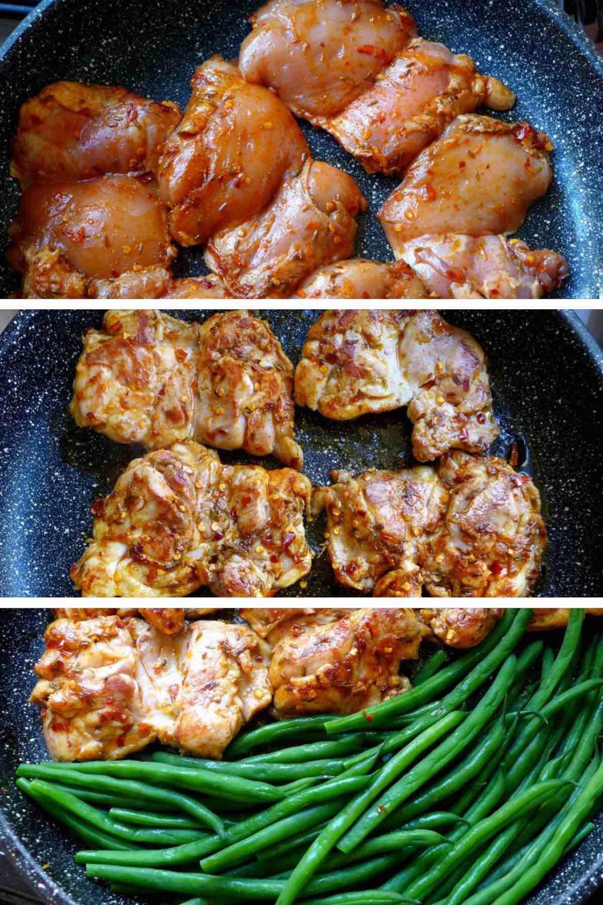 pan-frying chicken thighs with green beans.