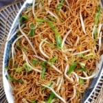 pan-fried noodles with scallions and bean sprouts with overlay text that says pan-fried noodles.