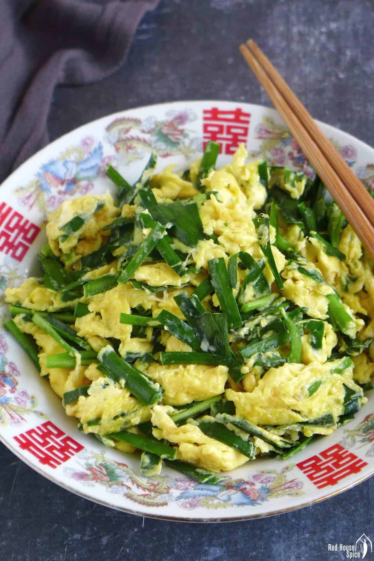 Chinese chive and egg stir-fry in a plate.