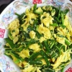 Chinese chive and egg stir-fry in a plate.