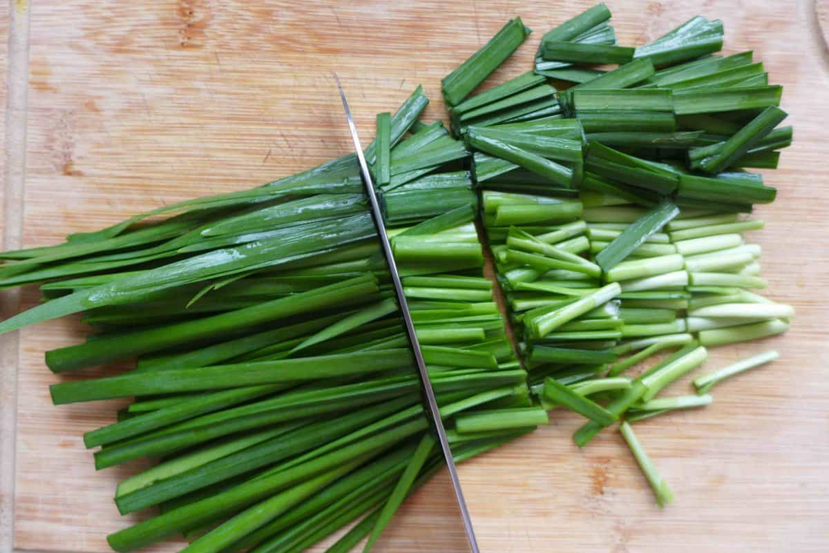 cutting chinese chives into sections.