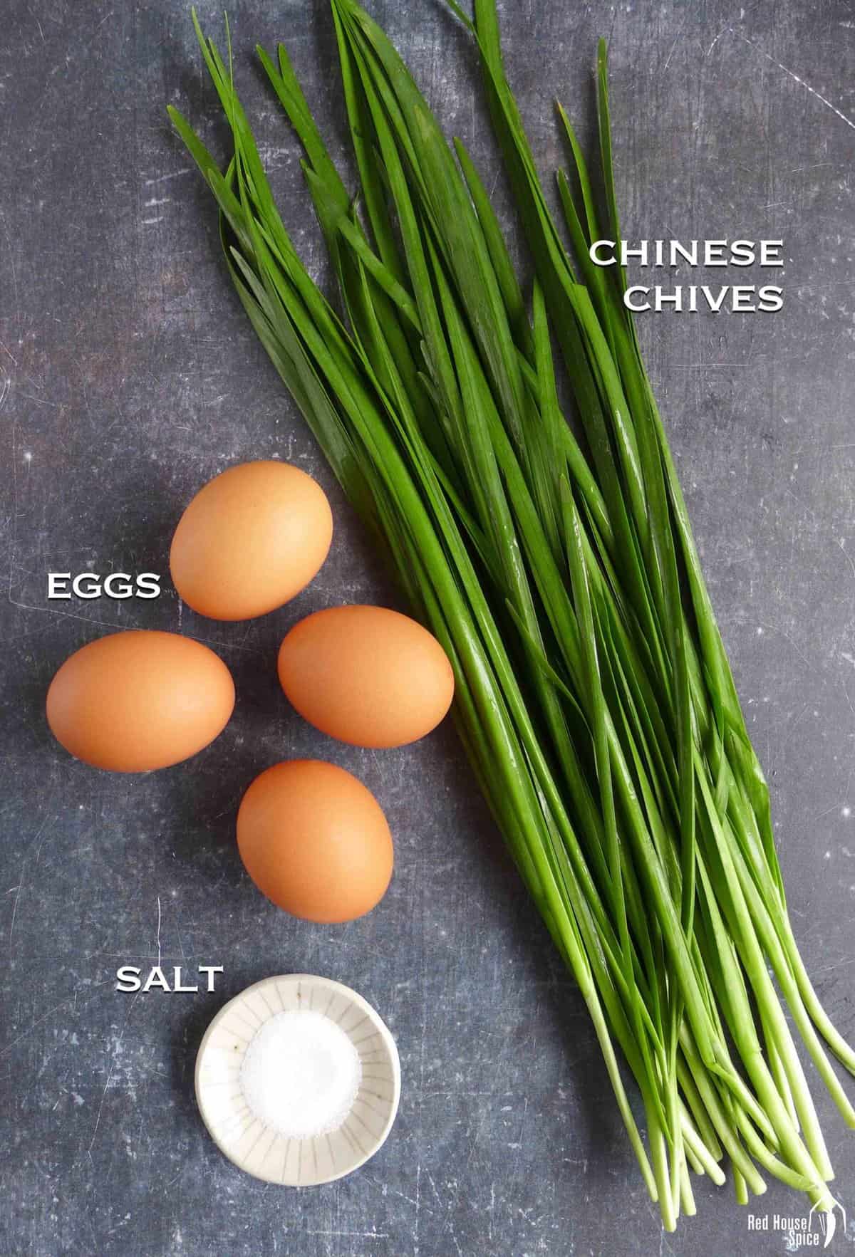 raw chinese chives, eggs and salt.