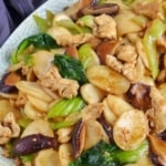 rice cakes stir-fried with chicken, mushrooms and Bok Choy with overlay text that says stir-fried rice cakes.