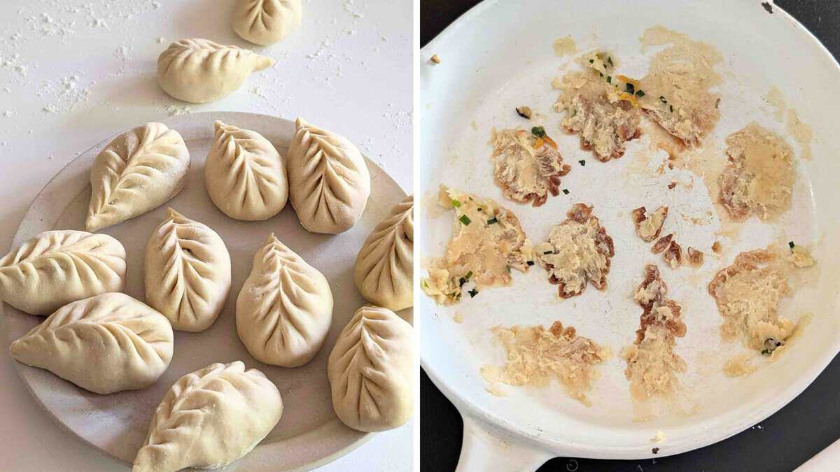 uncooked bao buns and a burned pan.