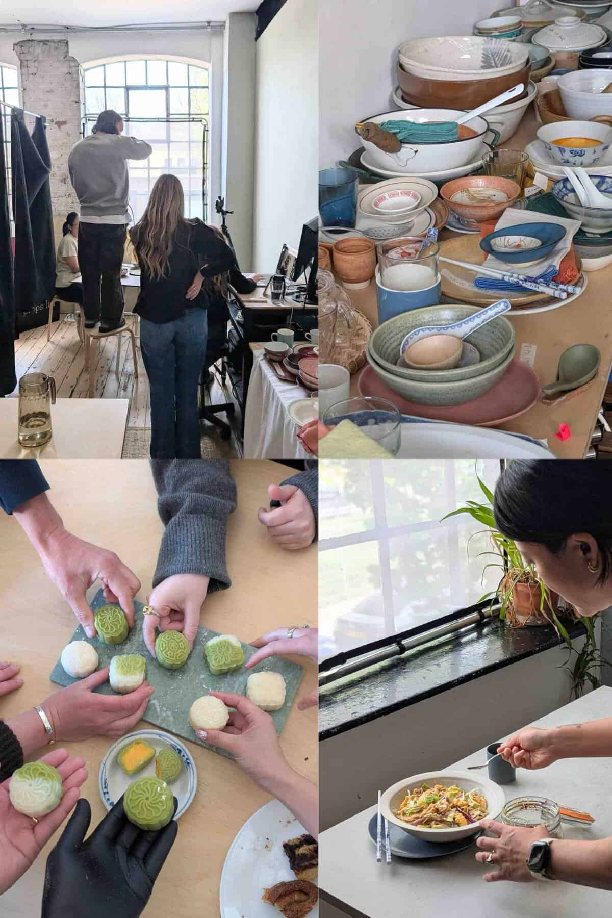 A collage of behind-the-scene photos of cookbook photography