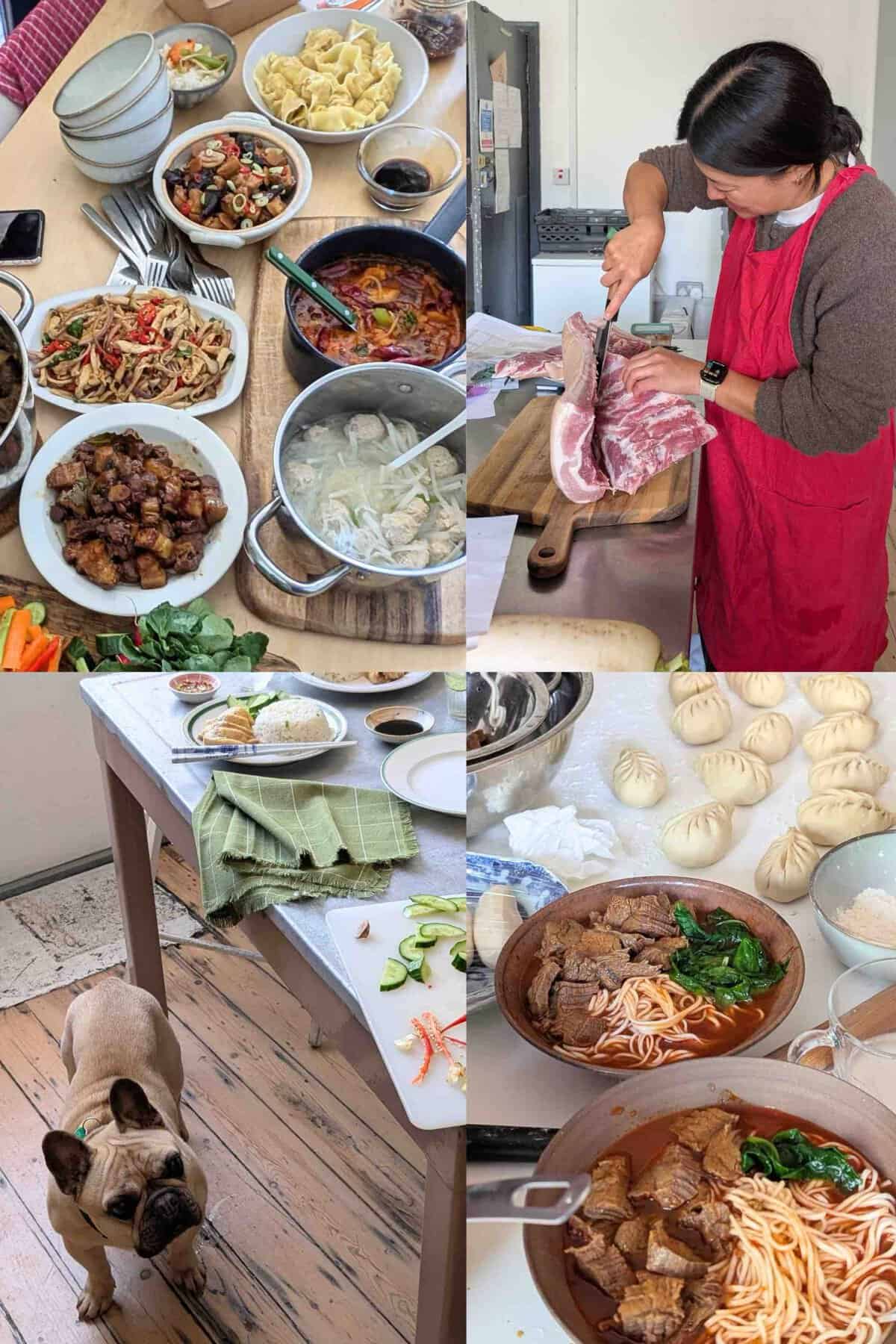 a collage of four photos of preparing dishes for photo shoot.