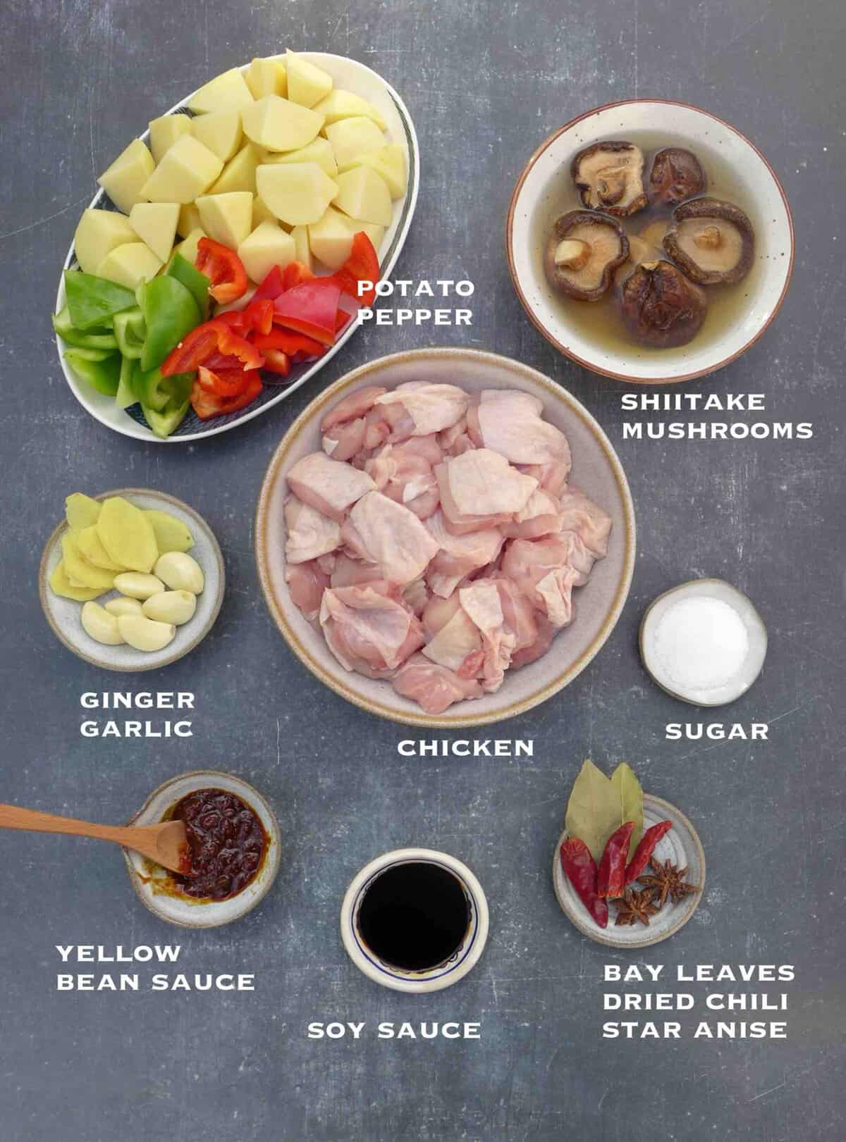ingredients for yellow braised chicken.