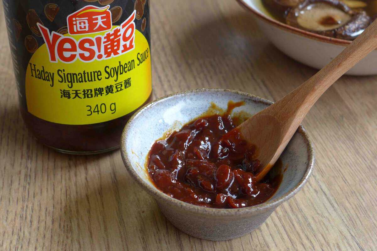 yellow bean sauce in a small dish.